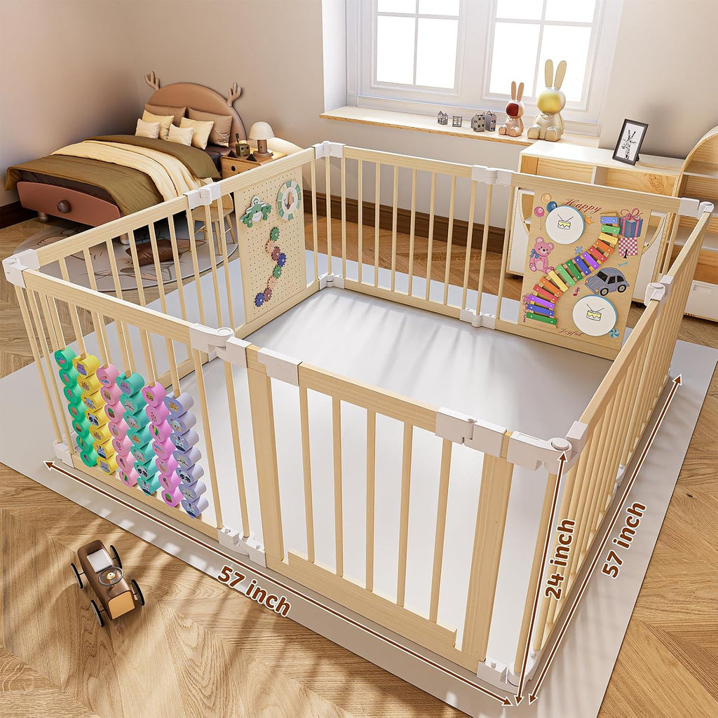 Baby Playpen - Adjustable Multi-Shape Wooden Play Yard, Portable Collapsible Activity Center with Baby Fence Play