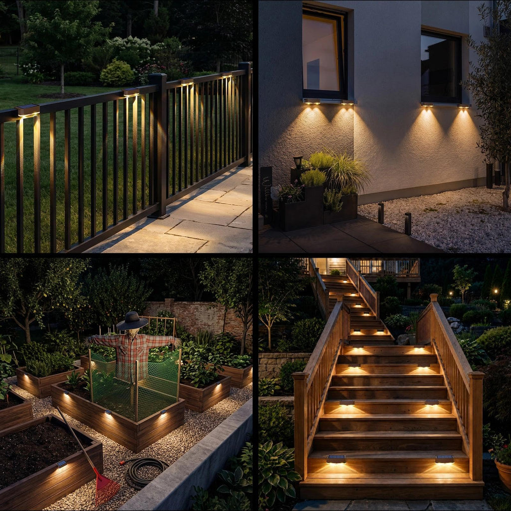 12 Pack Solar Fence Lights Outdoor, Deck Light Solar Powered, IP65 Waterproof Led Riling Solar Lights Brown Frame for
