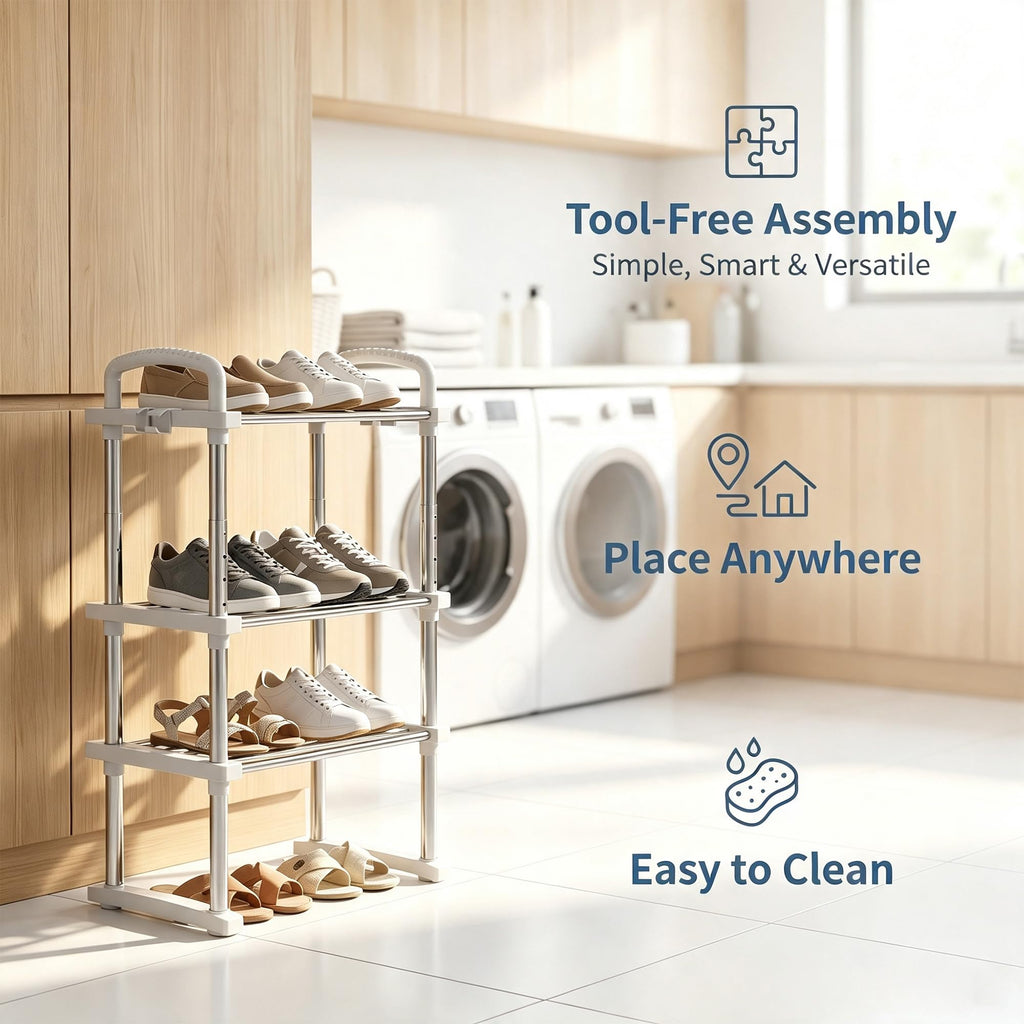 Expandable Shoe Rack, Adjustable Height Boot Organizer, 3-Tier