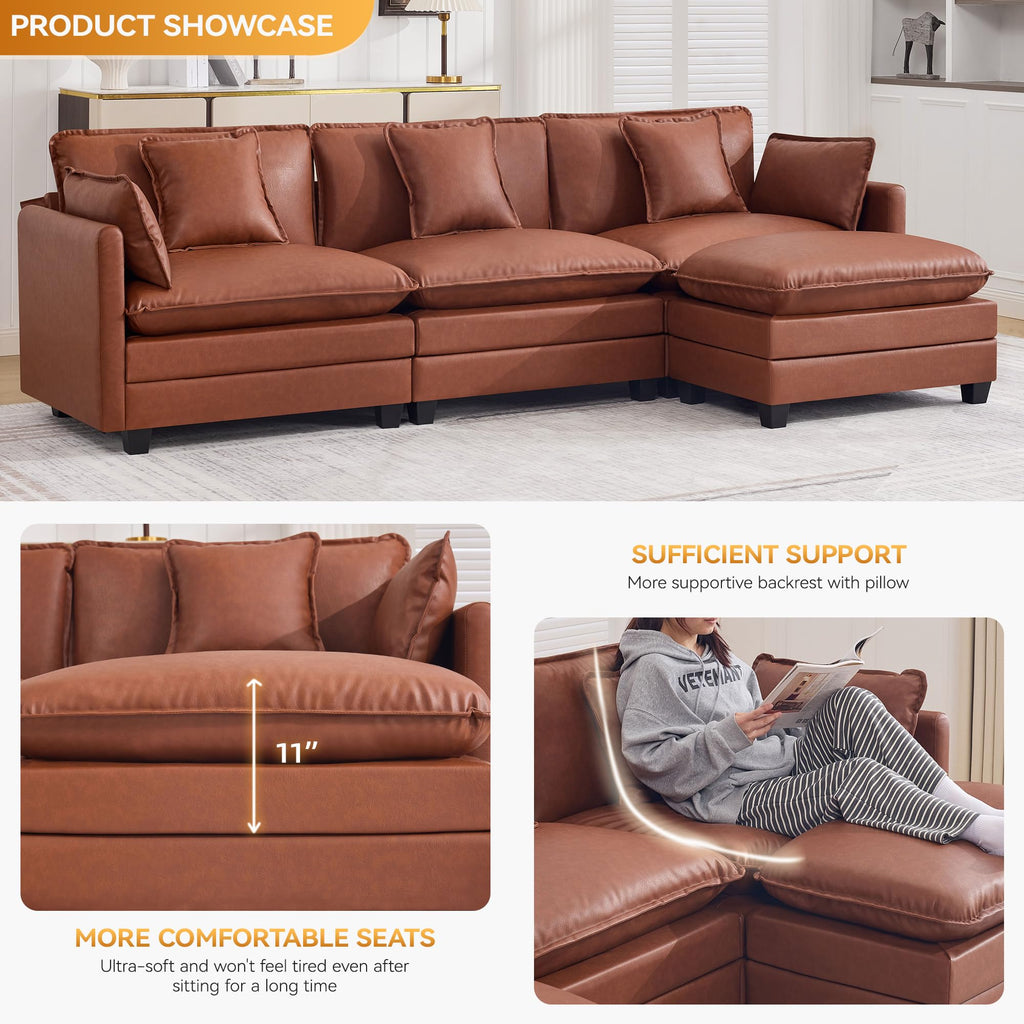 Modular Cloud Sectional Sofa, 111'' L Shaped Cloud Deep Seat Sofa, D-Brown