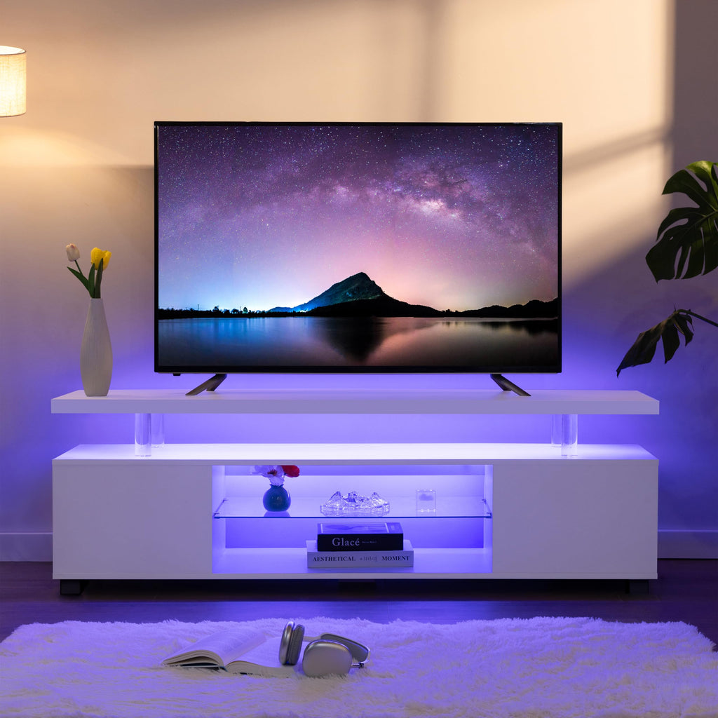 White TV Stand for 60" TV, LED Entertainment Center with Storage