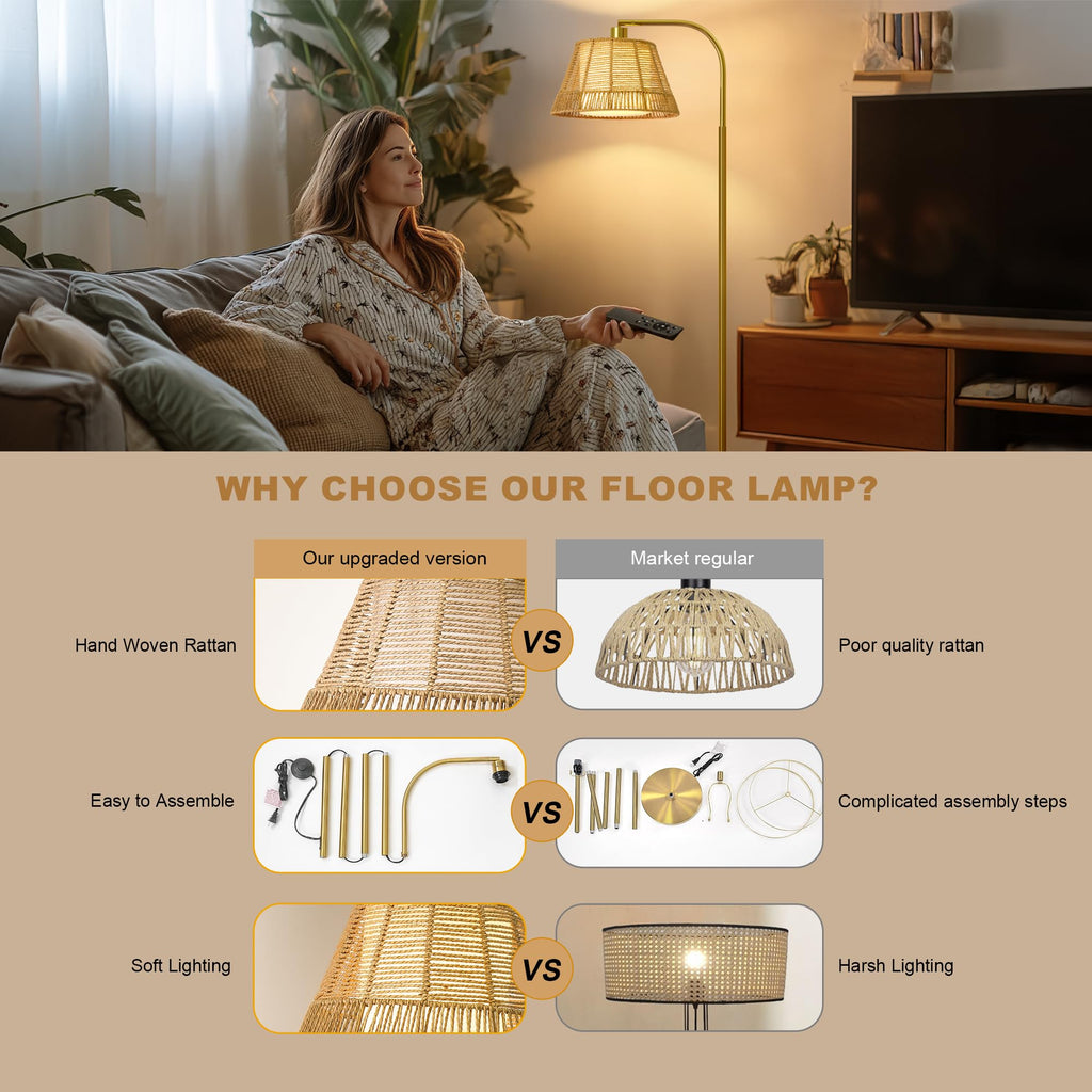 Arc Floor Lamp with 3 Color Temperatures, Farmhouse Floor Lamps with Remote & Dimmable Bulb, Rattan Boho Floor Lamp