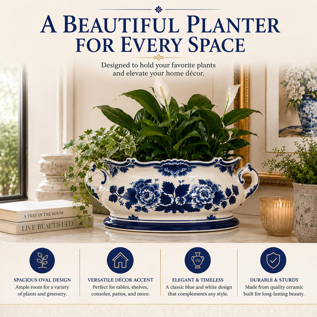 Blue and White Chinoiserie Planter Pot, Oval Ceramic Footbath Planter, Decorative Cachepot Bowl for Indoor Plants