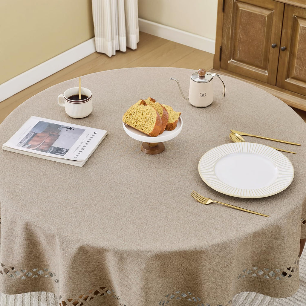 Coffee Round Linen Tablecloth with Lattice Cutwork, 55 inch Round