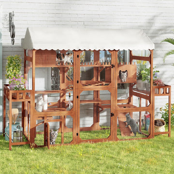 Large Catio Outdoor Cat Enclosure, Solid Wood Cat House for 2-8 Cats, Brown