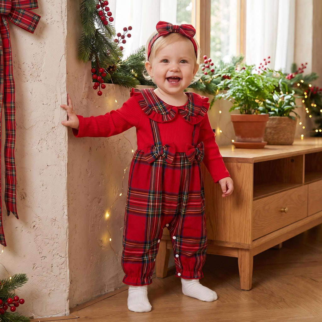 Newborn Baby Girl Christmas Outfit Candy Jumpsuit Romper Ruffle Overalls (Ribbed Red Plaid, )