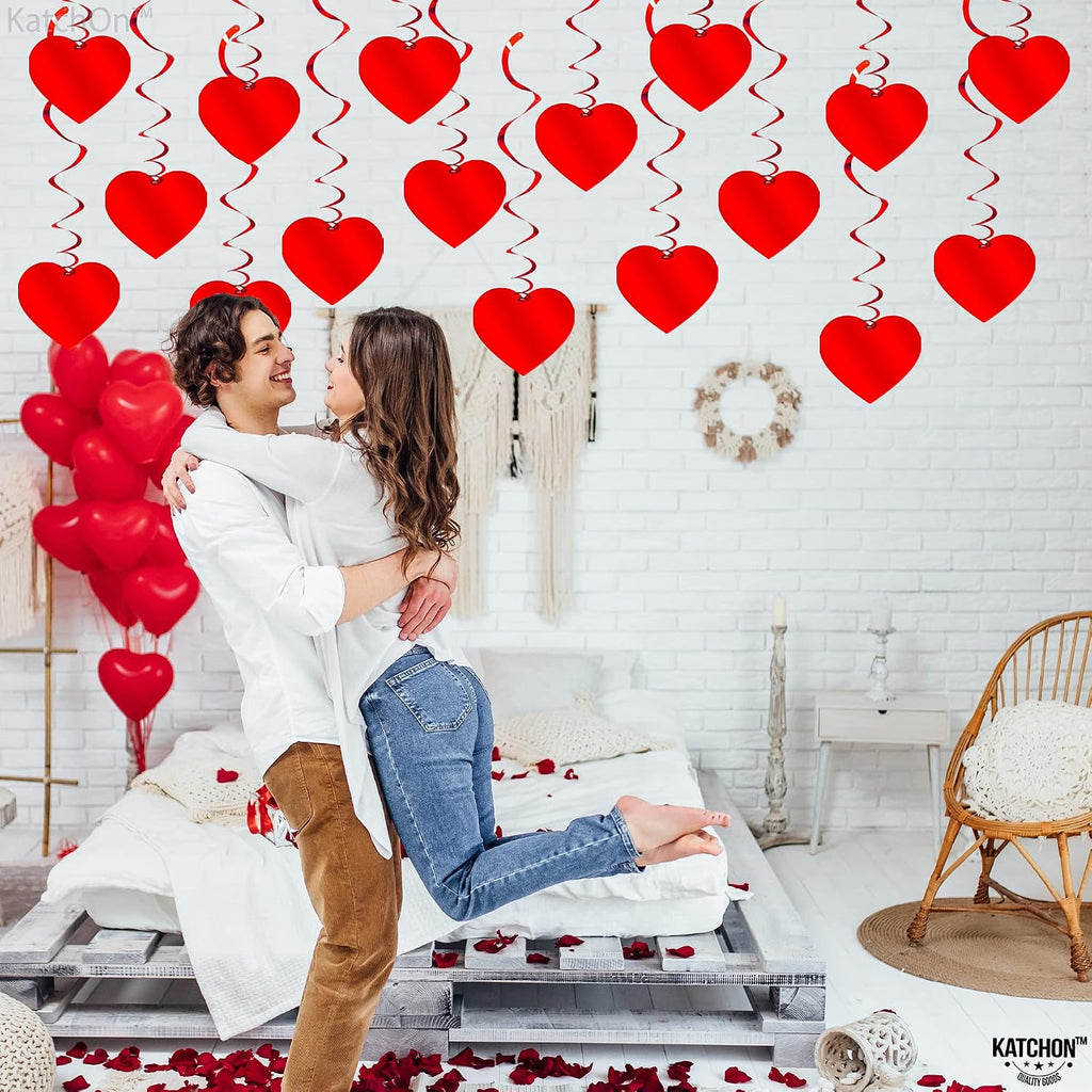 Red Hanging Heart Decorations - Set of 18