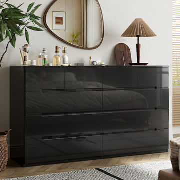 10 Drawer Dresser, 55" Long High Gloss Dresser, Black