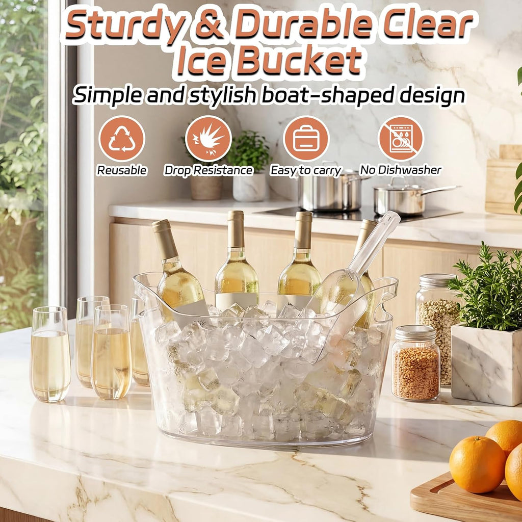 6.5L Clear Ice Buckets for Parties, Large Plastic Beverage Tub Set with Scoops, Champagne Flutes & Wine - Set of 4