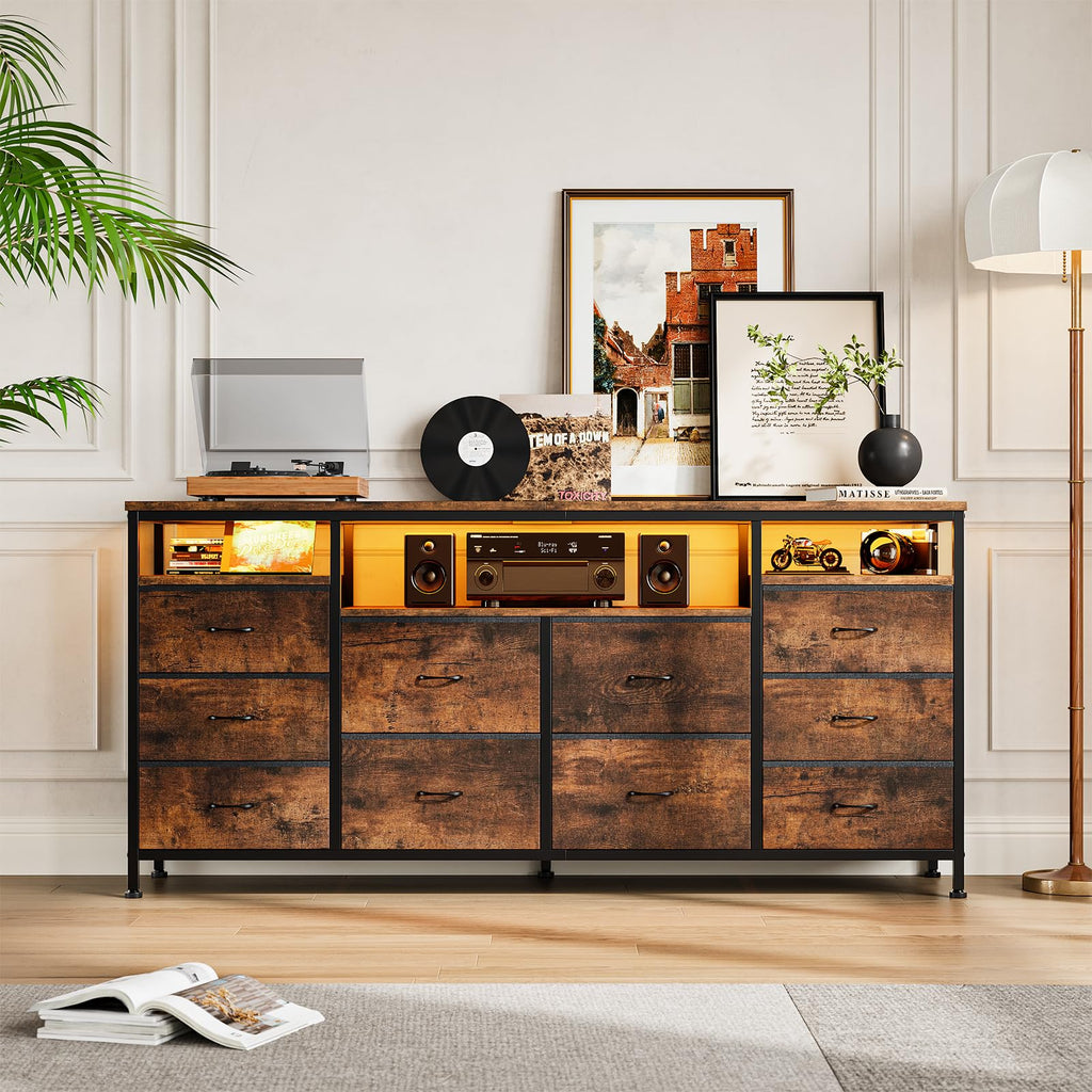 63.3 in Dresser, 10 Drawer Dresser TV Stand for 65 70 75 in TV, Fabric Chest of Drawers with LED Lights & Power