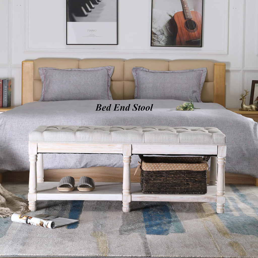 Mid Century Tufted Storage Bench with Shelf, Linen Upholstered Farmhouse Entryway Shoe Bench Ottoman Bed End Stool