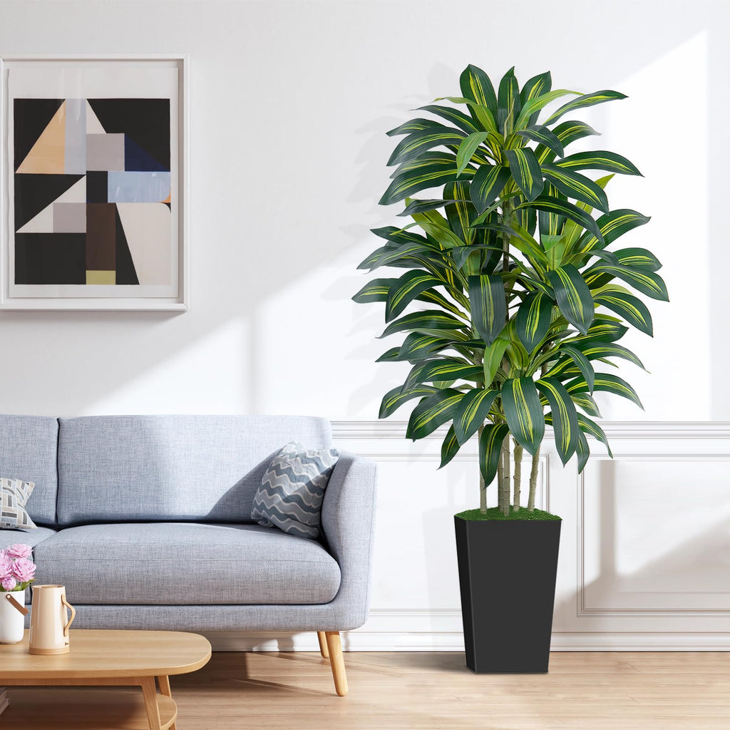 5FT Artificial Dracaena Tree - High-Density Foliage Fake Plant with Black Tall Planter - Faux Yucca Floor Plant Decor
