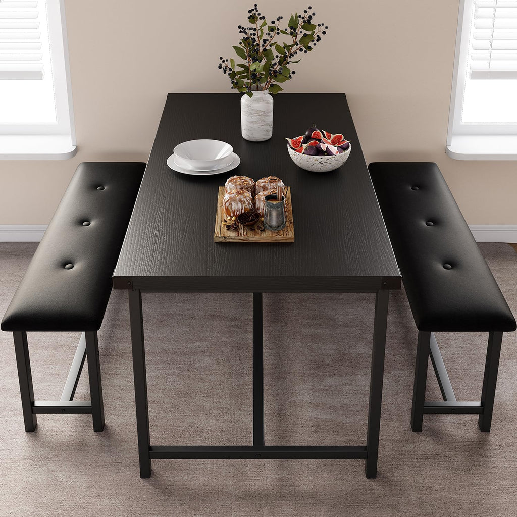 Dining Table Set for 4, Kitchen Table with Upholstered Bench, 3 Piece Rectangular Dining Room Table Set with 2