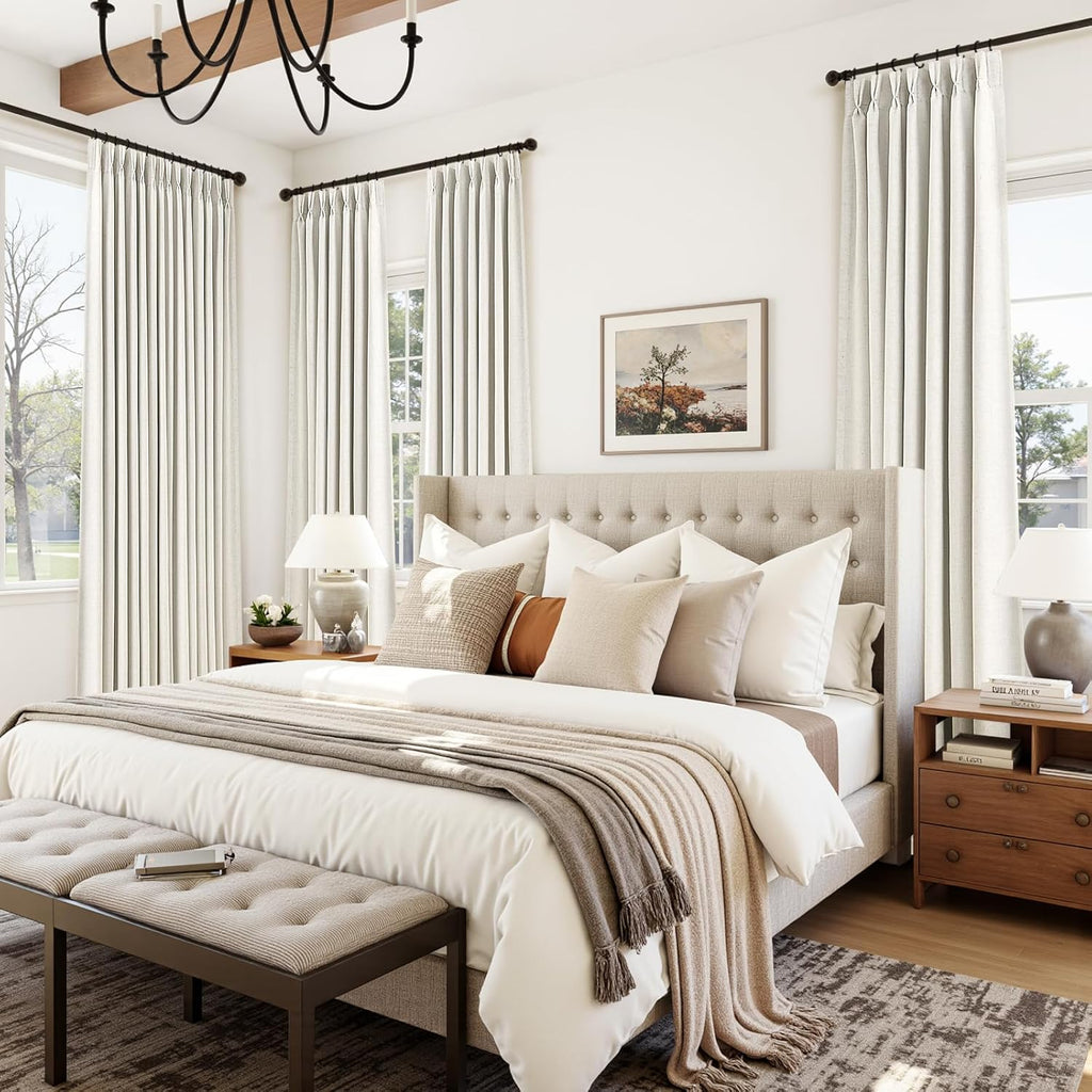 100% Blackout Linen Pinch Pleated Curtains 96 Inch Ceiling to Floor Ivory Beige Room Darkening Window Curtain for