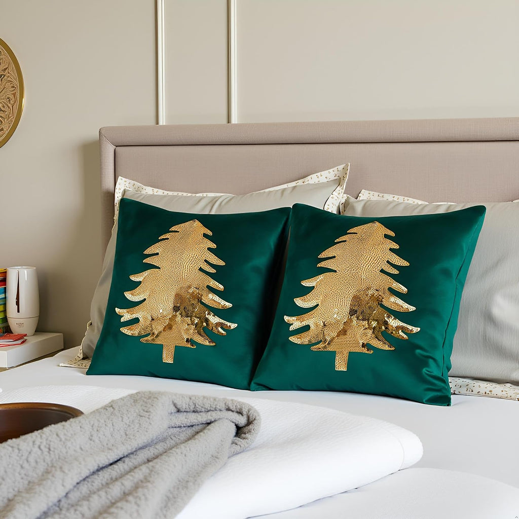 Christmas Pillowcases 18 x 18 inch Dark Green Xmas Tree Sequins Throw Pillow Cover Christmas Pillow case - Set of 2