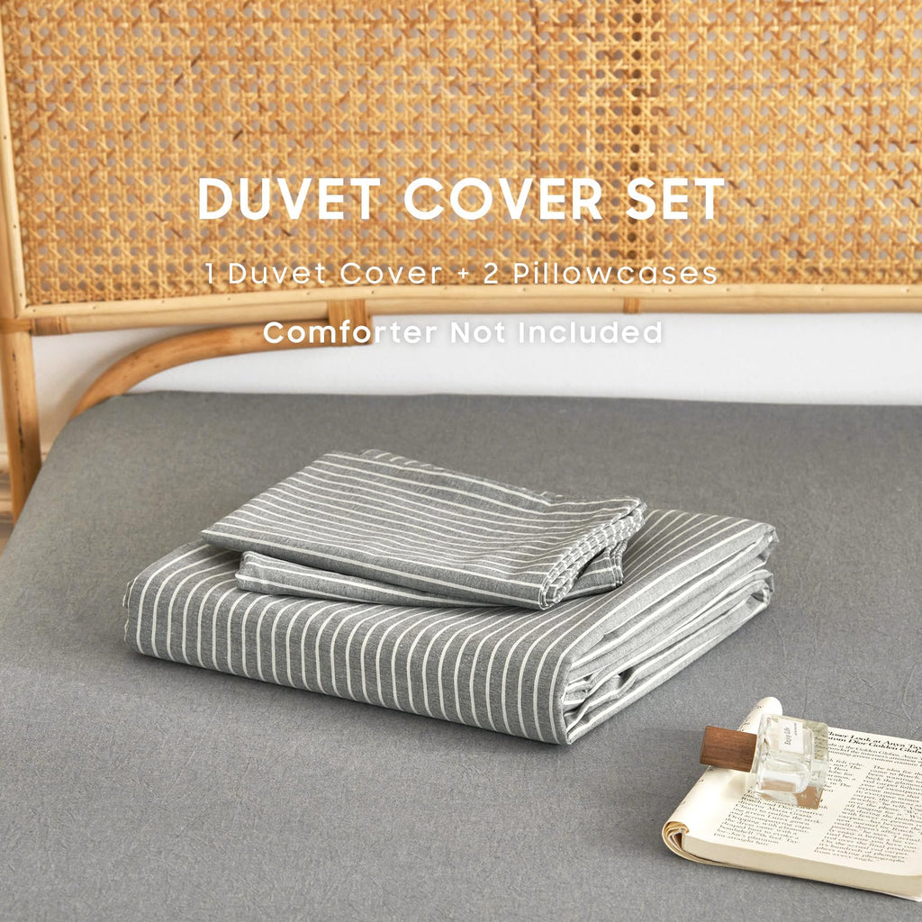 Striped Cotton Duvet Cover Set, Grey
