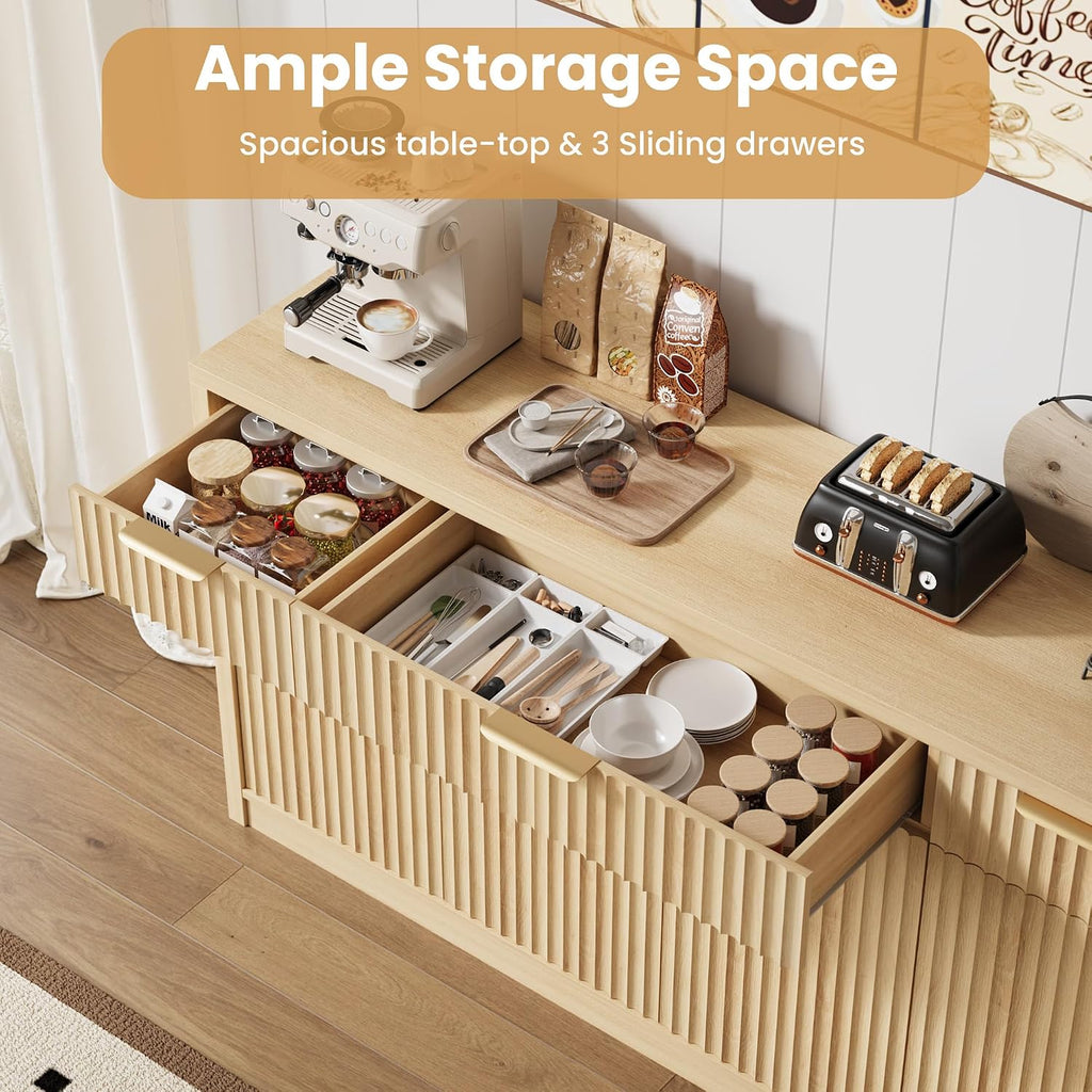 55" Buffet Sideboard Cabinet, Modern Fluted Storage Cabinets Natural | Wood Coffee Bar Storage Cabinet with 3 Drawers