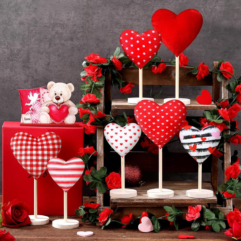 Valentine's Day Decorations Flocked Heart Table Decor Velvet Heart Wooden Sign Tall Standing Love Tabletop - Set of 7