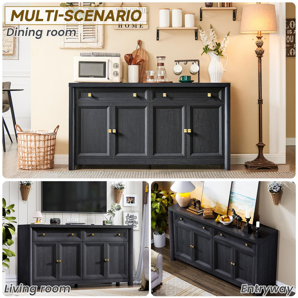Credenza Storage Cabinet with 4 Doors and 2 Drawers, 59" Large Sideboard Buffet Cabinet, 32.1'' Tall Wood Buffet