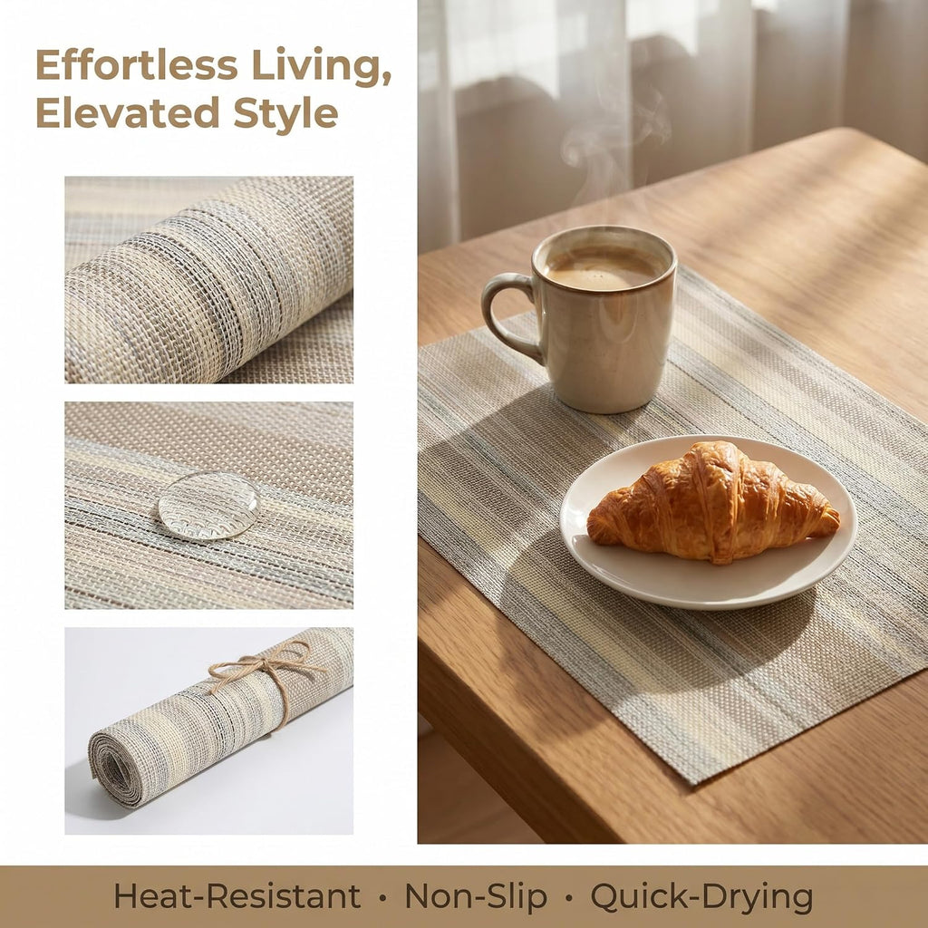 Textile Placemats - Heat Resistant Non-Slip Wipeable Place Mats for Party/Indoor/Outdoor Kitchen Dining - Set of 6
