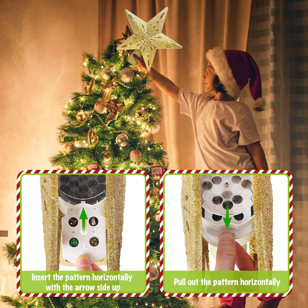 Christmas Tree Topper Lighted,Star Tree Topper with Projector Built-in LED Rotating Lights with 6 Projection Modes,3D