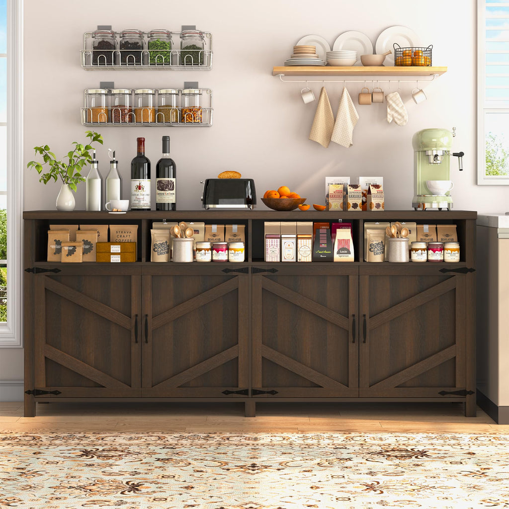 Buffet Sideboard with Storage Farmhouse, Large Kitchen Storage Cabinet Wood Coffee Bar Cabinet Buffet, 63in, Brown