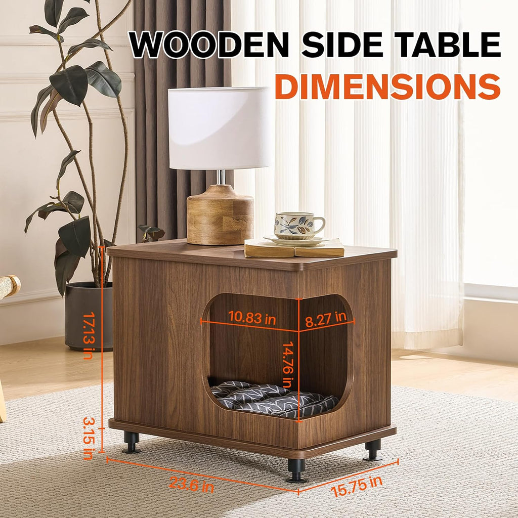 2-in-1 Wooden Cat Bed & Side Table, Hideaway with Cushion for Indoor Cats
