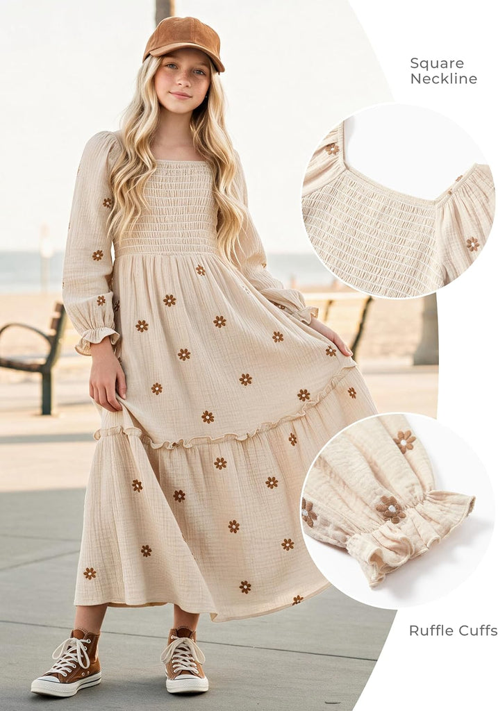 Girls Fall Dresses Maxi Boho Long Cotton Dress