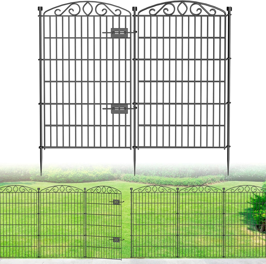 12 Panel No Dig Decorative Garden Fence with Gate - 42in H x 25.67 ft L, Tall Animal Barrier for Dogs Rabbits