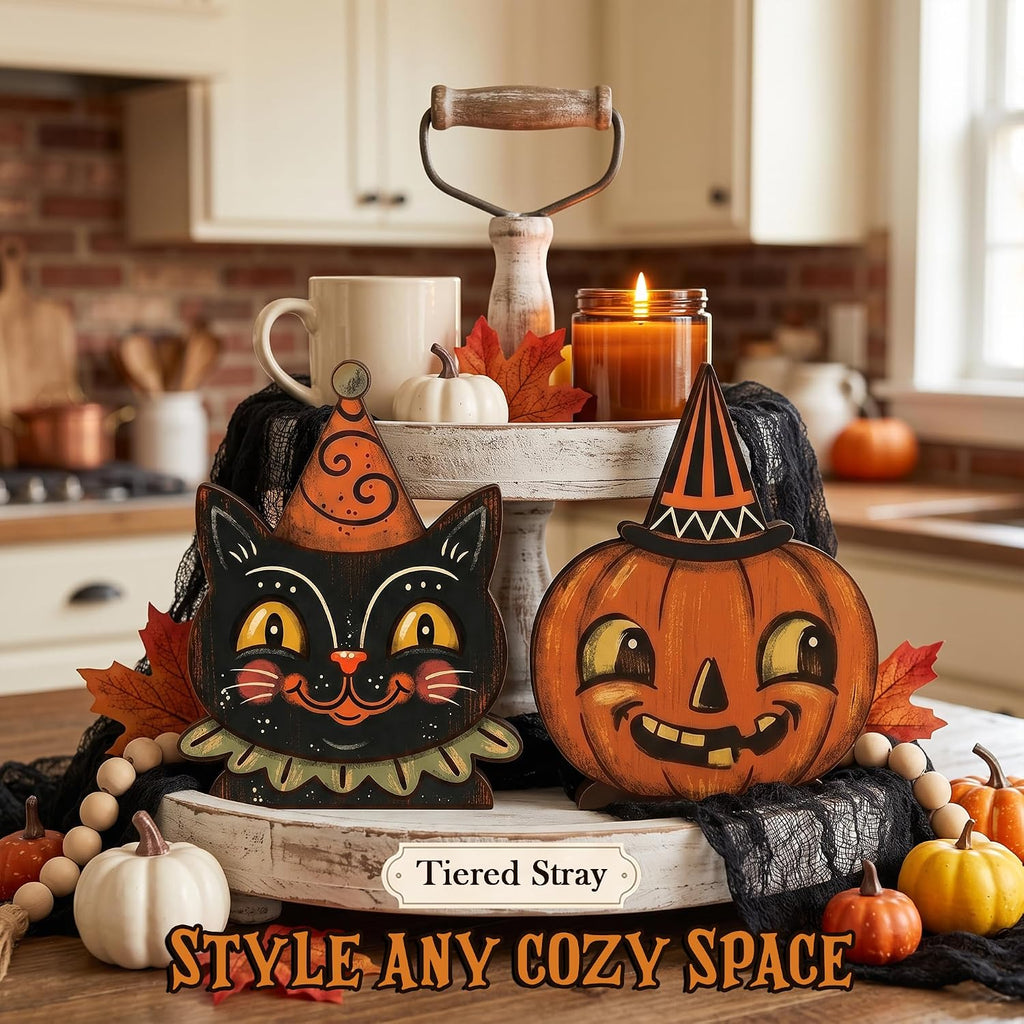 Wooden Halloween Decor Small Halloween Signs Indoor Decor Black Cat Pumpkin - Set of 3