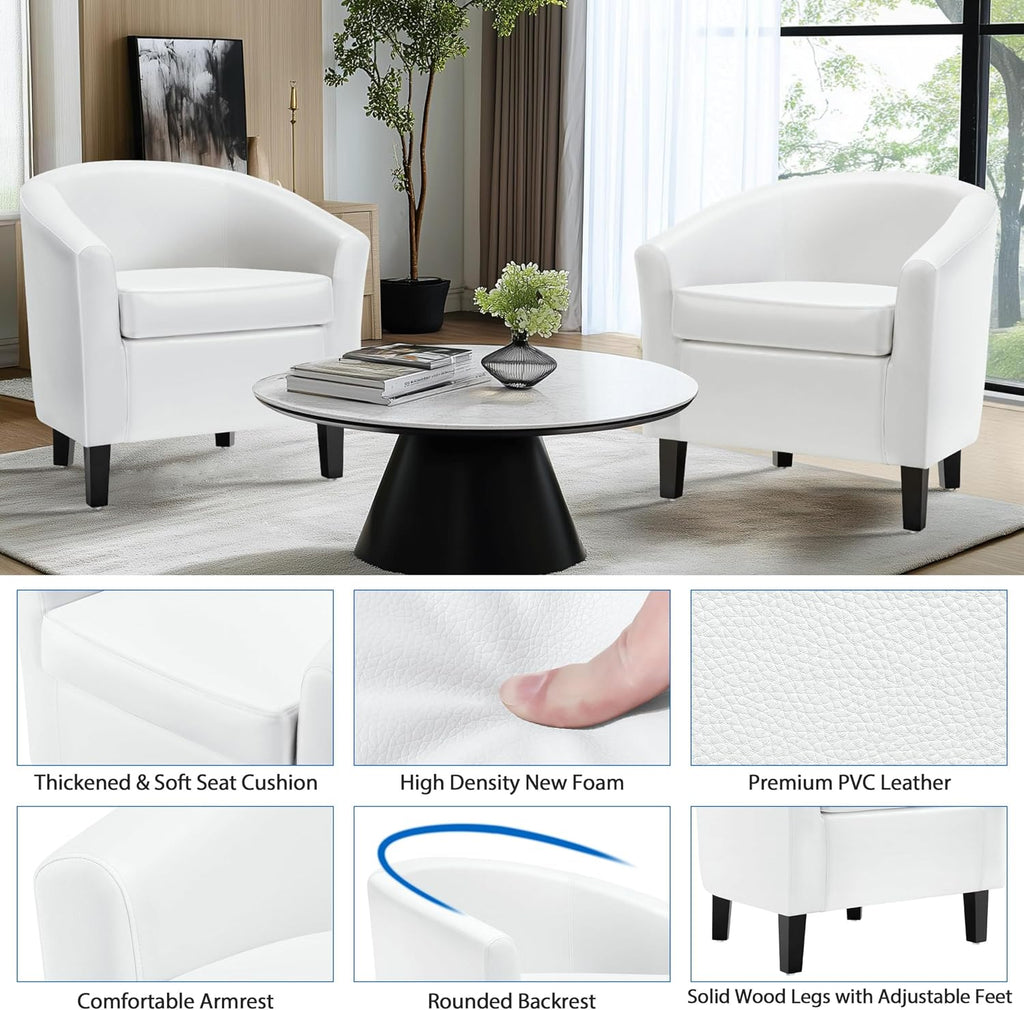 Accent Chairs, Faux Leather Barrel Armchairs White - Set of 2