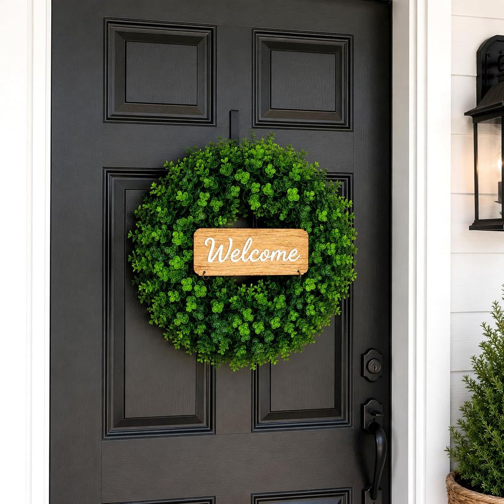 WHANLEY 20 Inch Boxwood Wreath for Front Door with Wooden Welcome Sign, Artificial Greenery Decor, UV Resistant