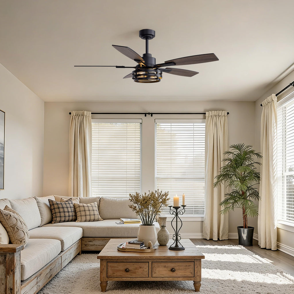 52 Inch Farmhouse Ceiling Fan with Lights, Rustic Ceiling Fan with Remote Control, Quiet Reversible Motor, Black