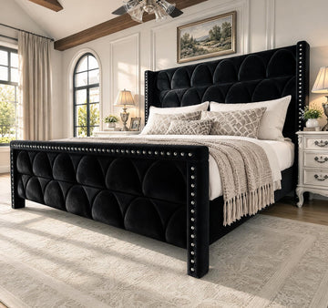 King Size Bed Frame with 56" Headboard - Velvet Upholstered Wingback Platform Bed Frame, Noise Free, Sturdy Wooden