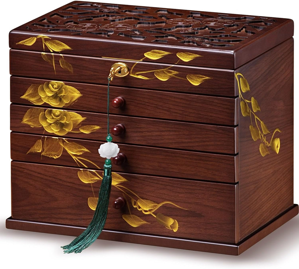 Painted Wooden Jewelry Box for Women, 6-Layer Vintage Organizer with Lock