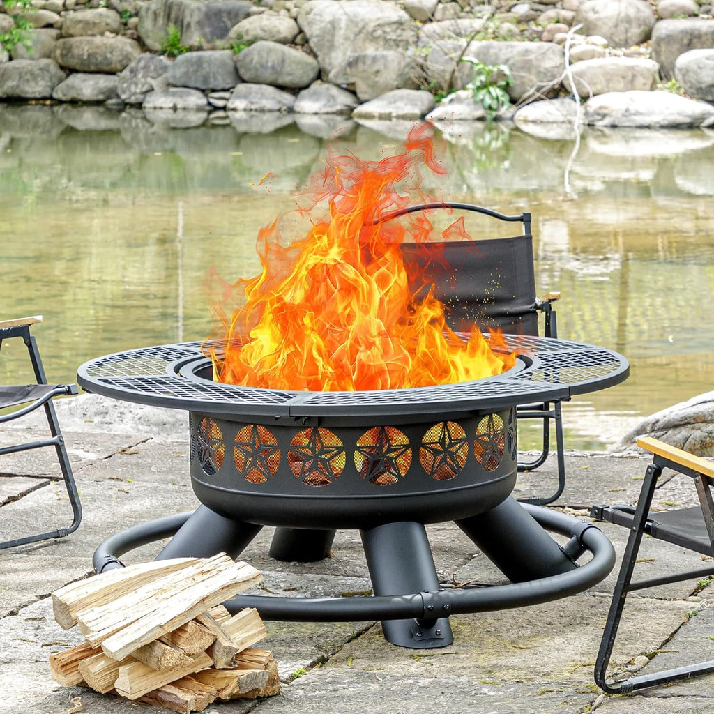 47 Inch Outdoor Fire Pit with 2 Grills, Extra Large BBQ Firepits for Outside
