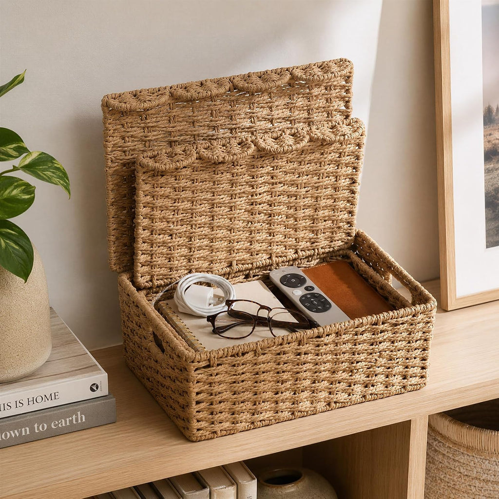 Set of 2 Scalloped Wicker Baskets with Lid,Paper Rope Decorative Storage Baskets for Shelves, Display Shelf, Handmade