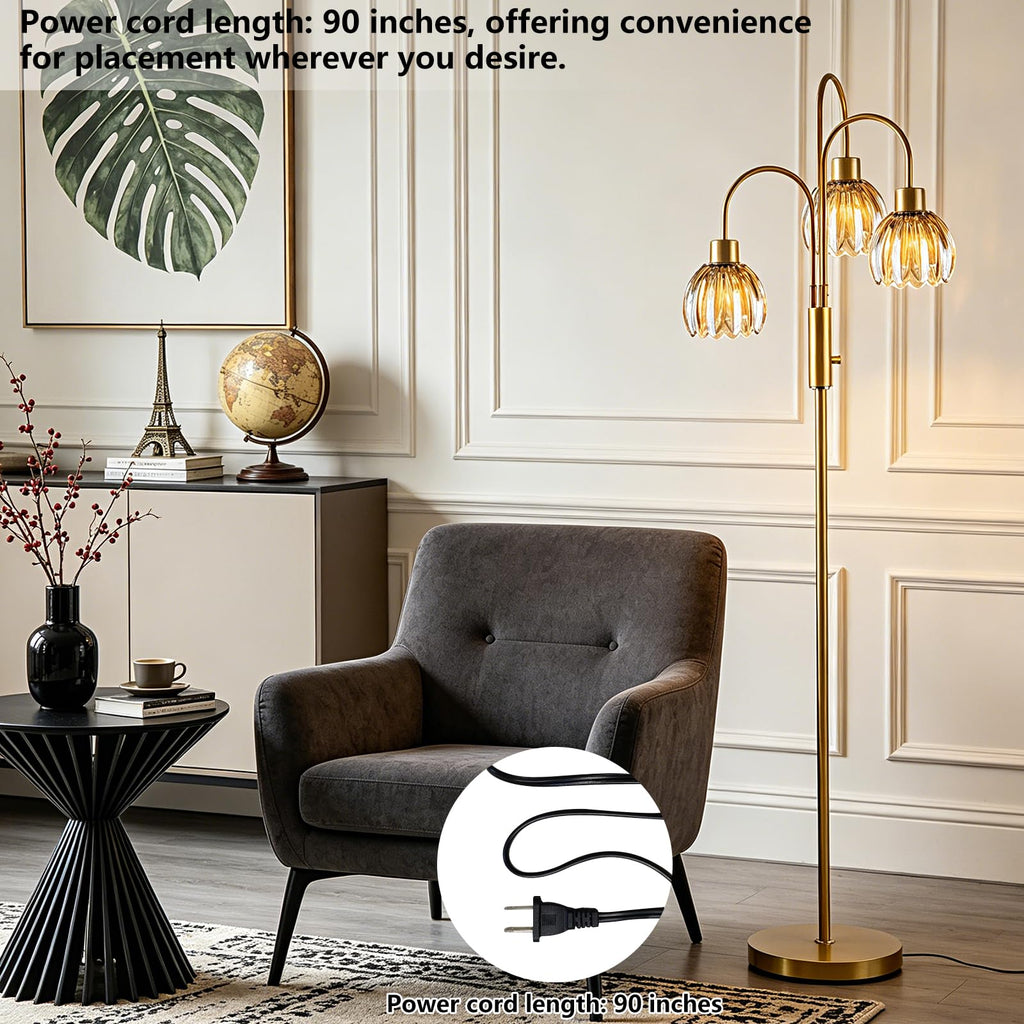 Amber Lotus Glass Floor Lamp 3-Light 70" Gold Dimmable Tall Standing Lamp