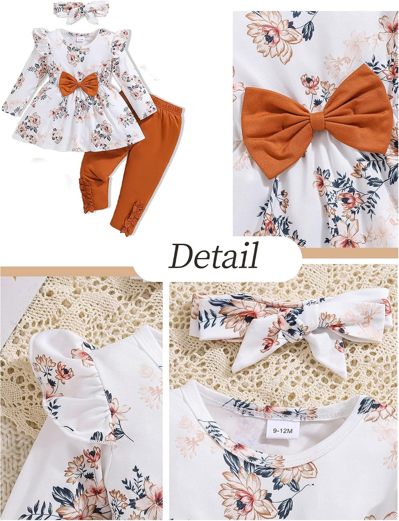 Toddler Baby Girl Clothes Infant Girl Outfits Fall Ruffle Floral T-Shirt Top Pants Set Winter Spring Clothes