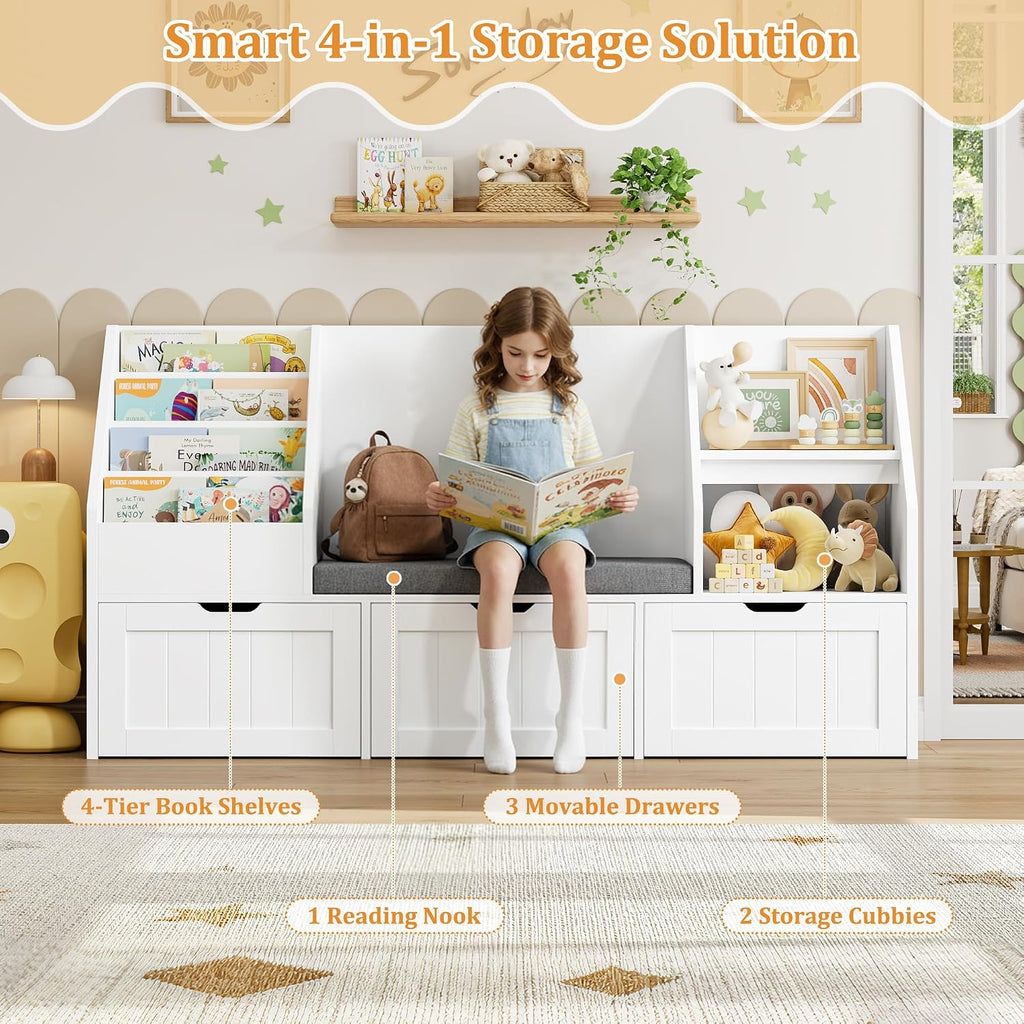 Kids Bookshelf with Reading Nook, Toy Storage with Seat Cushion | 55.1'' Toy Storage Organizer with 3 Movable