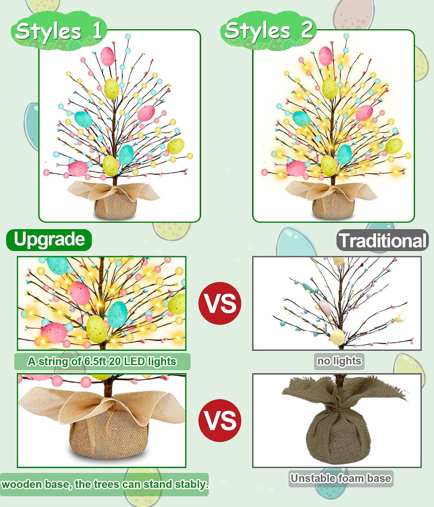 & Timer - Easter Decorations, Easter Tree Tabletop with 20 Warm White Lights Battery Operated 19 Inch 8 Large - Set of 2