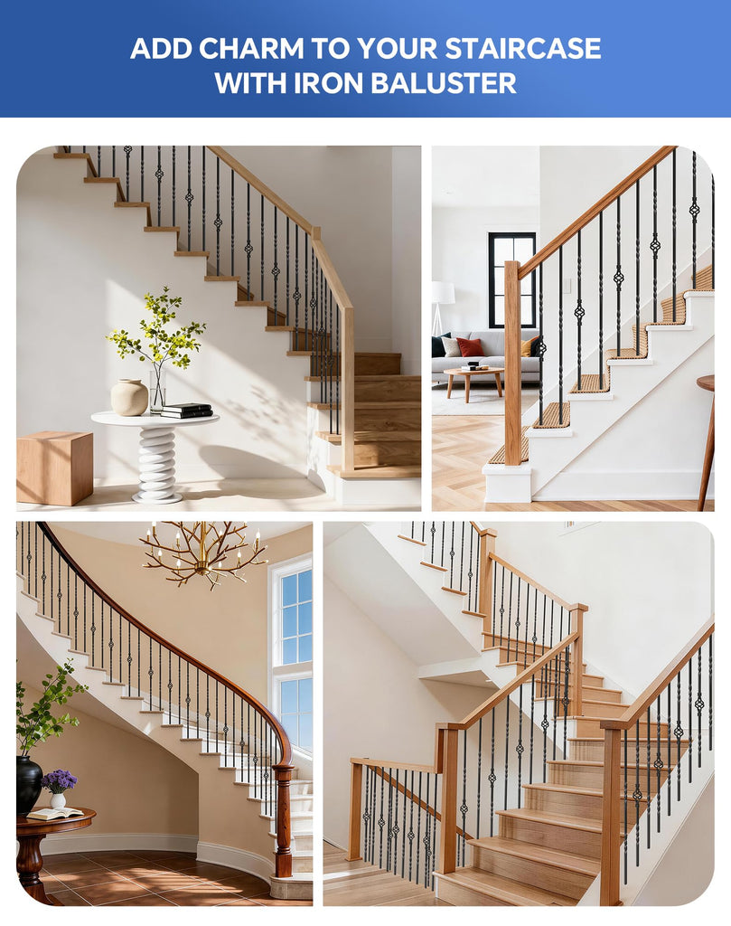 14 Pack Wrought Iron Balusters for Staircase Interior, 44" Black Metal Stair Spindles Balusters for Stairs Banister