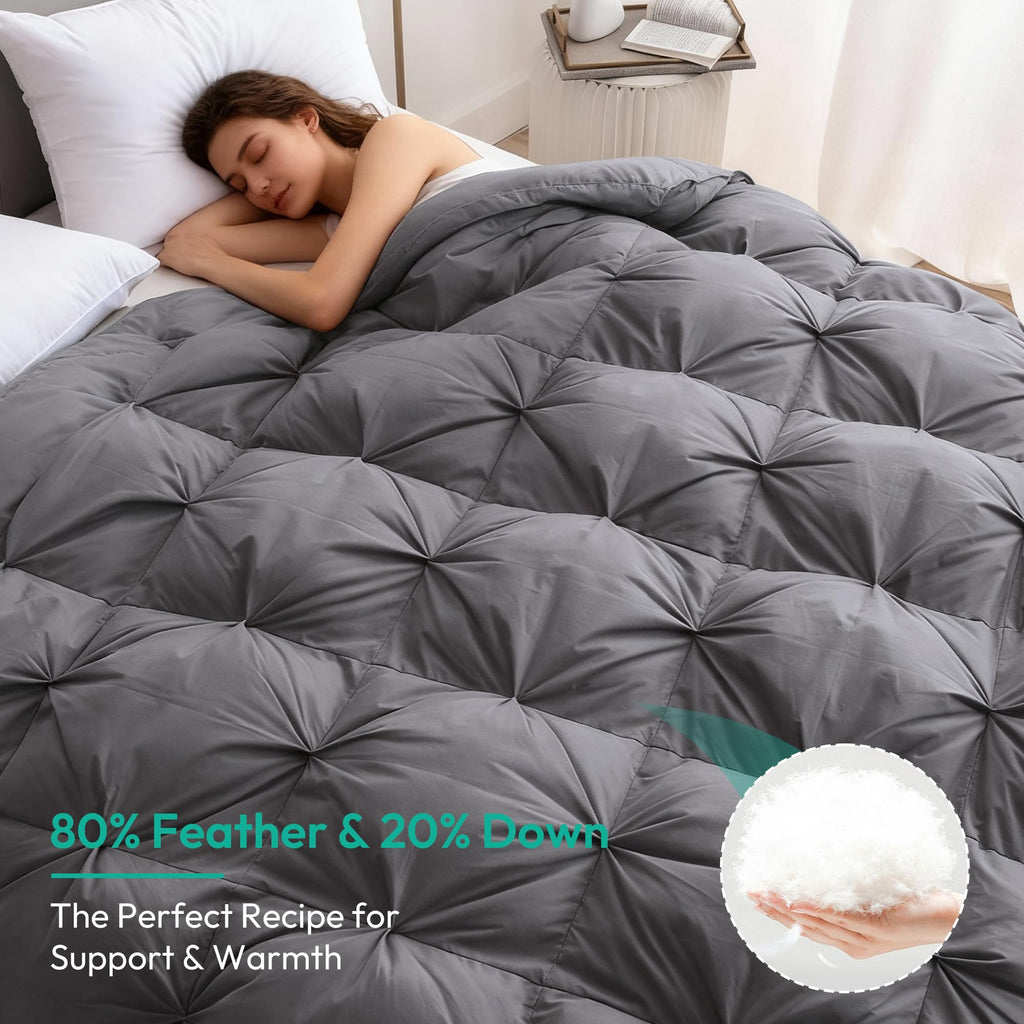 Pinch Pleat Waterfowl Feathers and Down Comforter Duvet Insert, 1200TC 100% Cotton Fabric, Premium All