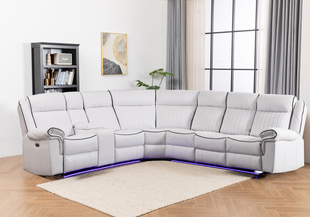 Power Reclining Sectional Sofa Faux Leather LED Strip Speaker White