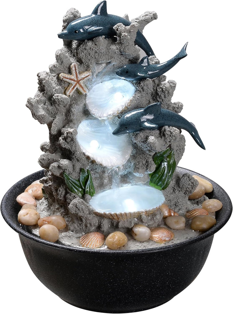 Indoor Tabletop Dolphin Water Fountain with LED Light - Ocean Theme Desk Decor and River Rocks, Relaxing Sound