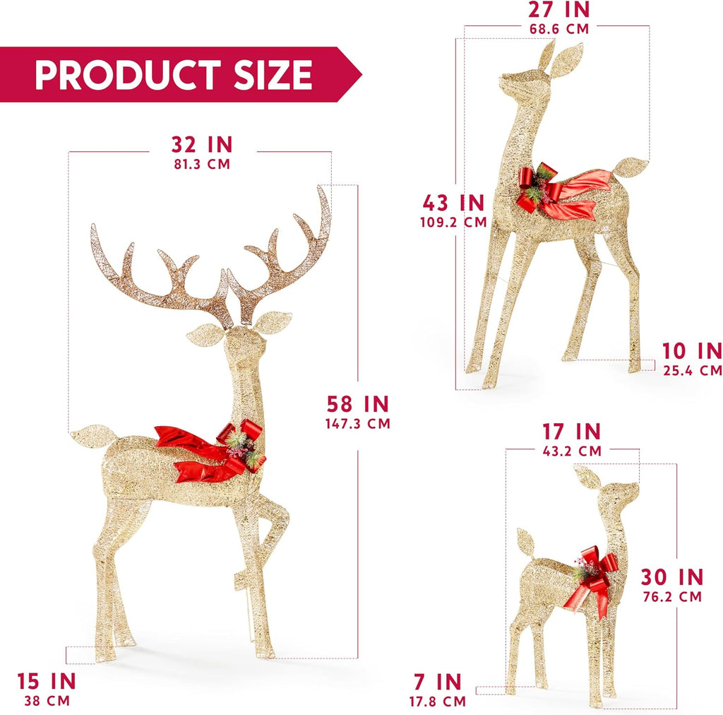Outdoor Christmas Decorations for Yard, 3 Pcs Lighted Christmas Deer Family Set, 3 4 5FT Warm White LED Lights
