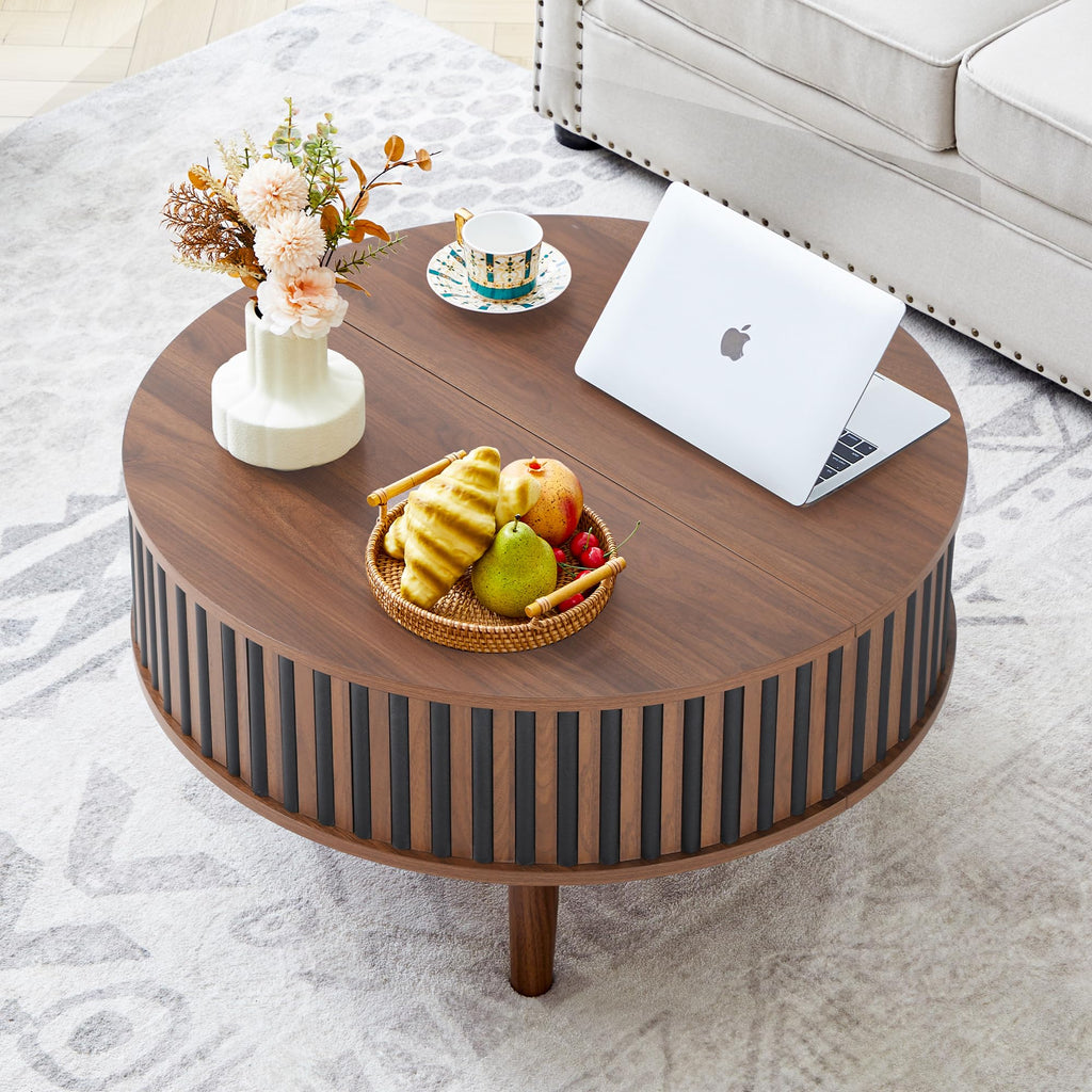 31.5" Wide Round Fluted Lift Top, Black and Walnut
