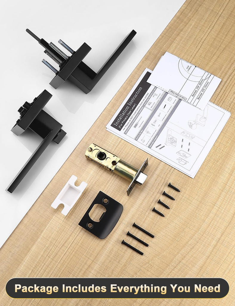 3 Pack Square Privacy Door Levers Locksets in Matte Black Finish, Bed/Bath Door Levers Keyless Interior