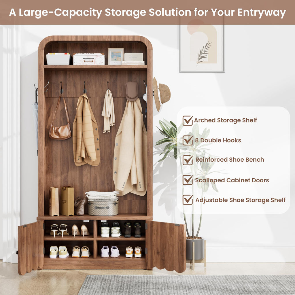 Narrow Hall Tree with Bench and Shoe Storage, Arched Mudroom Bench with Storage and Hooks, Modern Rustic Entryway