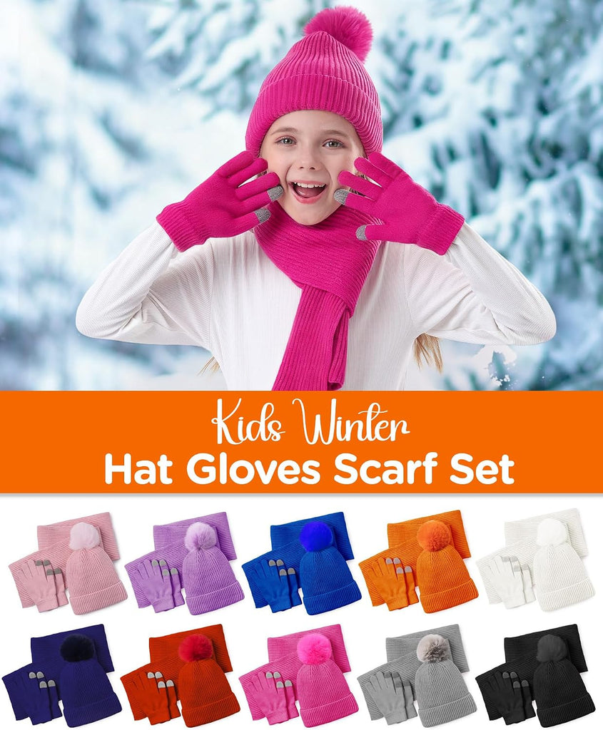 Kids Winter Hat Gloves Scarf Set Children Pompom Knit Beanie Warm Gloves with Thick Fleece for Boys Girls